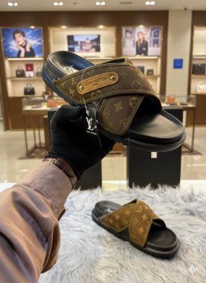 Louis-vuitton denim brown slides