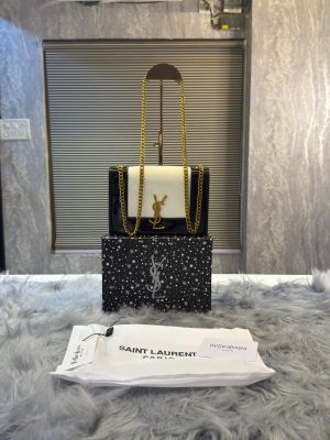 YSL SAINT LAURENT Grain De Poudre Matelasse Chevron Medium Monogram Satchel Black with box 5622