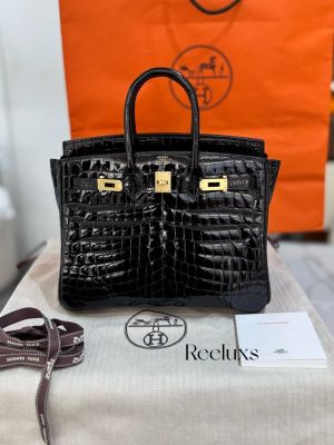 Herms Birkin HSS 25 Noir (Black)Bleu Saphir Crocodile Porosus Lisse Palladium Hardware 6002