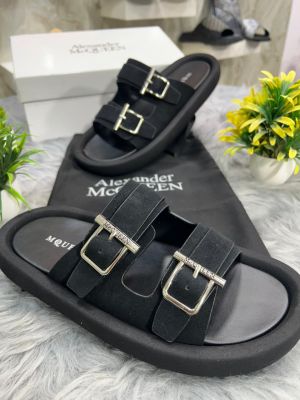 ALEXANDER MCQUEEN Suede Black Leather Double Buckle Sandals