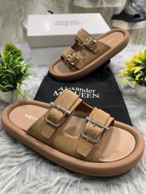 ALEXANDER MCQUEEN Suede Brown Leather Double Buckle Sandals