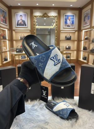 Louis-Vuitton Monogram Blue White Black Premium Slides