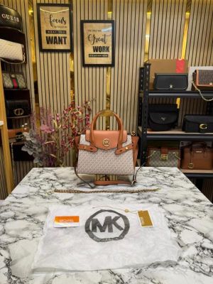 Michael_Kors Signature Carmen Flap Leather Satchel Handbag (Beige-20024)