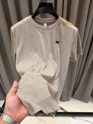 Emporio Arman_i Chest Logo Imported Round Neck T-shirt Beige