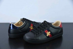 Guccii Black Leather Ace Embroidered Bee Low  406