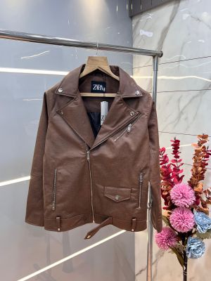 Zar a Brown Imported Cross Zip Leather Jacket 3522