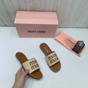 Miu Miu Logo-patch Raffia Slides With OG Box Carry & Bag Brown 19D