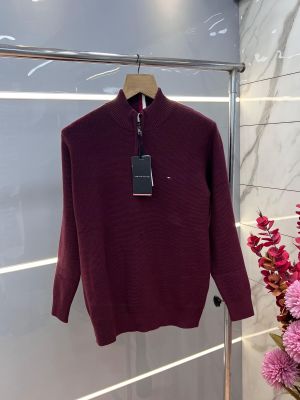 Tommy Hilfige r Maroon Premium Imported High Neck Knitted Pullover Half Zipper Style 3560