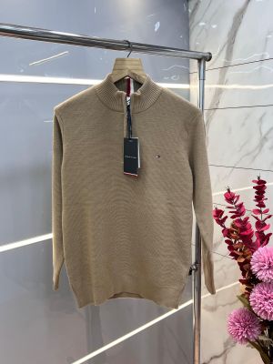 Tommy Hilfige r Brown Premium Imported High Neck Knitted Pullover Half Zipper Style 3558