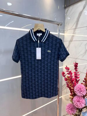 Lacost e Navy Premium 240 gsm interlock compact cotton fabric Polo Tshirt with Allover Monogram Print Collar Design and Embroidered Logo 3593