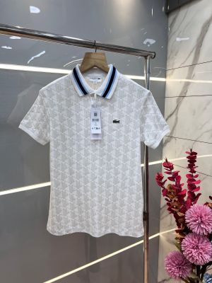 Lacost e White Premium 240 gsm interlock compact cotton fabric Polo Tshirt with Allover Monogram Print Collar Design and Embroidered Logo 3592