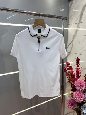 Hugo Bos s White Premium Imported 240 GSM Interlock Lycra Fabric Polo Tshirt with Front Design and Emboss Logo Zip Style 3603