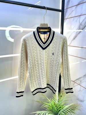 Ralph_Lauren Off-white Imported knitted V Neck Super Premium Pullovers F3261-OF