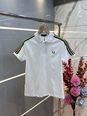 Fred Perr y white Premium Cotton Pique fabric Polo Tshirt with shoulder Design and Embroidered Logo  3630