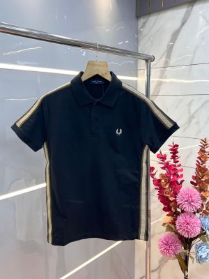 Fred Perr y Black Premium Cotton Pique fabric Polo Tshirt with Shoulder Design and Embroidered Logo 3627