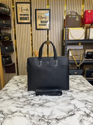 Prad_a Premium Quality Leather Laptop Bag With Strap (Black)
