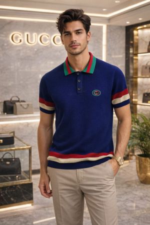 Gucc i Blue Imported knitted Premium Collar Neck Polo T-shirt F3440-BU