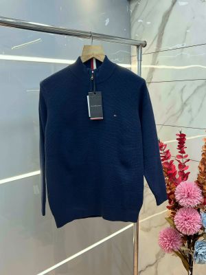 Tommy Hilfige r Blue Premium Imported High Neck Knitted Pullover Half Zipper Style 3556