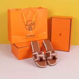 Hermes Paris Oran High End Premium Flats With OG Box & Carry Bag (Brown White - 1125)