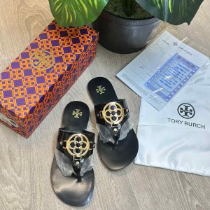 Tory Burc.h Metal Miller Patient Black Flat Sandal