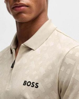 Hugo Bos s Beige Premium Imported Compact Yarn 240 GSM Interlock Fabric Polo Tshirt with Allover Monogram Design and Emboss Logo Zip Style 3674