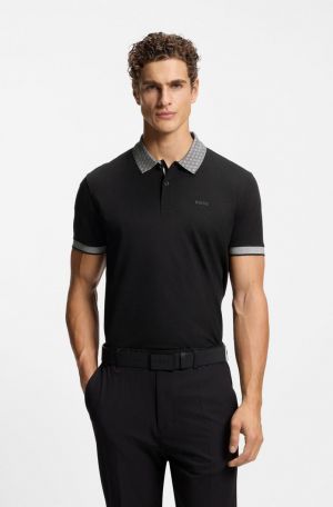 Hugo Bos s Black Premium Imported Compact Yarn 240 GSM Interlock Fabric Polo Tshirt with Collar Design and Emboss Logo Zip Style 3677