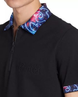 Versac e Black Premium Cotton Pique fabric Polo Tshirt with Collar Design and Emboss Logo Zip Style 3531