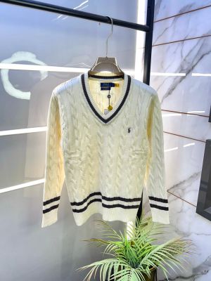 Ralph_Lauren Off-white Imported knitted V Neck Super Premium Pullovers F3246-OF
