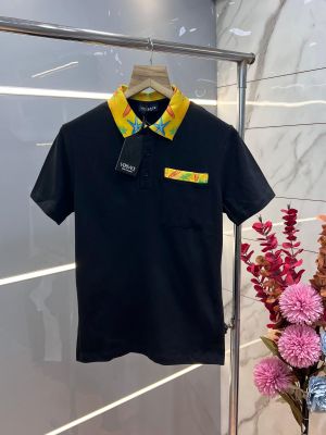Versac e Black Premium Cotton Pique fabric Polo Tshirt with Collar Design and Pocket Style 3527