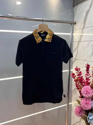 Versac e Black Premium Cotton Pique fabric Polo Tshirt with Collar Design and Embroidered Logo 3524