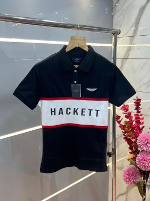 Hacket Black Premium Imported Compact Yarn 240 GSM Interlock Fabric Polo Tshirt with Front Design and Embroidered Logo 3701