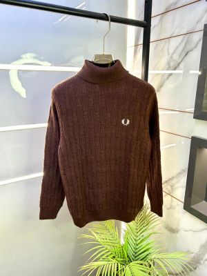 Fred Perry Logo Imported Turtle Neck Brown Premium Pullovers F3350-BR