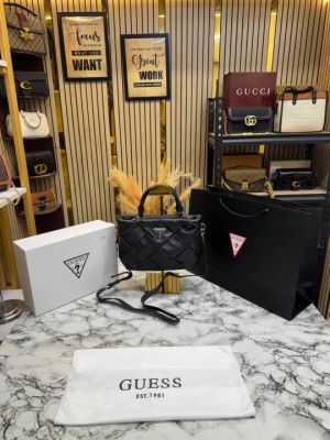 Guess Zaina Textured Structured HandBag With Box And Dust Bag Including Carry Bag (Black)