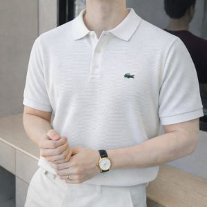 Lacost e Imported knitted Super Premium White Collar Neck Polo T-shirt F3466-WH