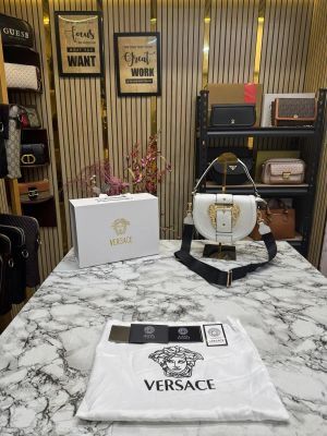 Versace leather shoulder bag with gold accents include magnetic closure bag (white)