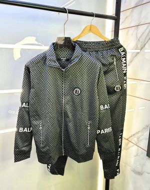 Balmai n Paris Logo Imported Embossed Print Grey Super Premium Track Suit With Brand Carry Bag F2338-GY