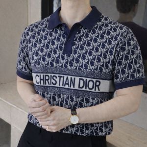 Christian Dio r Imported knitted Monogram Super Premium Navy Collar Neck Polo T-shirt F3481-NY