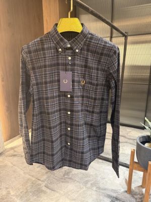 FRED PERRY GREY BLUE CHECKS OXFORD COTTON SHIRT 