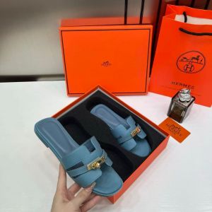 Hermes Paris Oran Flats For Her With OG Box & Carry Bag H38-41 Blue Jean Slide