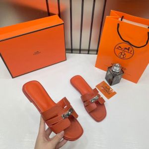 Hermes Paris Oran Flats For Her With OG Box & Carry Bag H38-41 Burnt Orange Slide