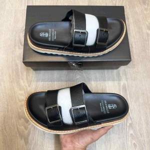 Brunello Cucinell.i Style Luxury Double Buckle Leather Strap Premium Black Slides
