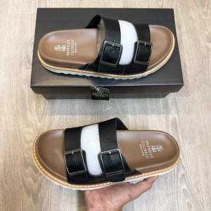 Brunello Cucinell.i Style Luxury Double Buckle Leather Strap Premium Black Brown Slides