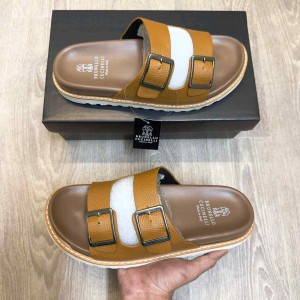 Brunello Cucinell.i Style Luxury Double Buckle Leather Strap Premium Tan Brown Slides