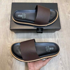 Brunello Cucinell.i Style Luxury Leather Strap Premium Brown Slides