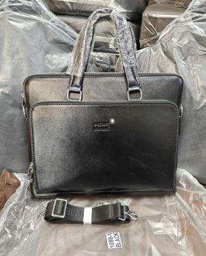 Mont Blanc Classic Smooth Leather Office Laptop Bag (1088-1 Black)