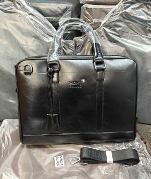 Mont Blanc Classic Vertical Panel Leather Laptop Bag With Strap Black (5502-1)
