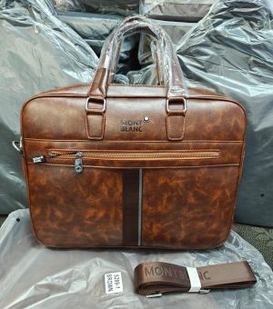 Mont Blanc Modern Accent Leather Laptop Bag With Front Zip Include Strap (Brown) (5299-1) 