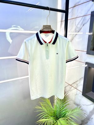 Tommy_Hilfiger White Zipper Polo Premium Collar Neck T-shirt F2820-WH
