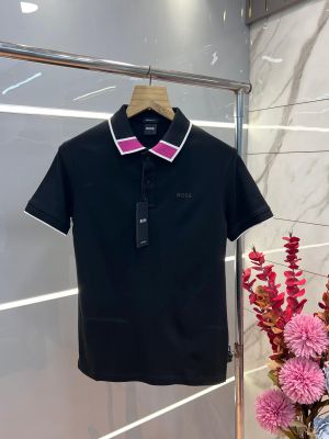 Hugo Bos s Black Premium Imported 240 GSM Interlock Lycra Fabric Polo Tshirt with Collar Design and Emboss Logo 3604