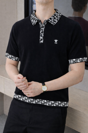 Christian Dio r Black Imported knitted Premium Collar Neck Polo T-shirt F3488-BL